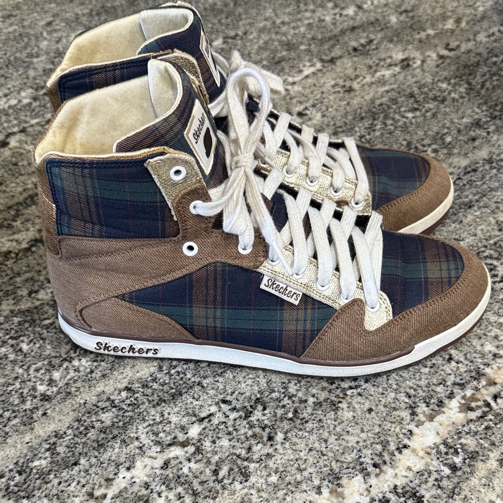 Skechers Women’s Plaid High-Top Sneakers - Brown and Blue